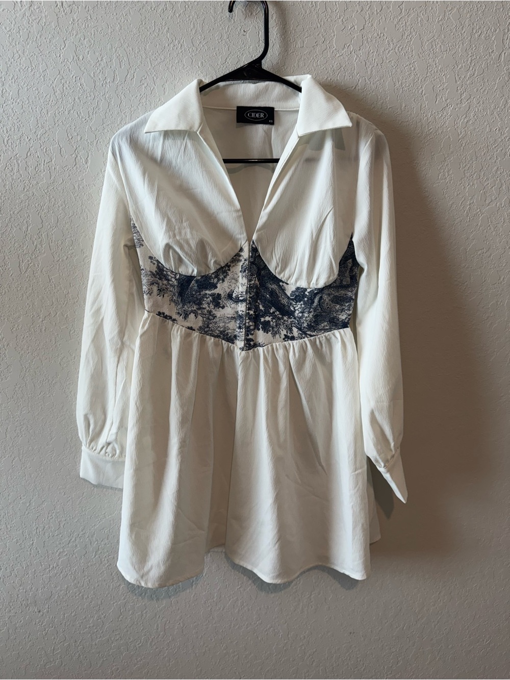 Cider White Button-Front Tunic with Blue Toile Corset